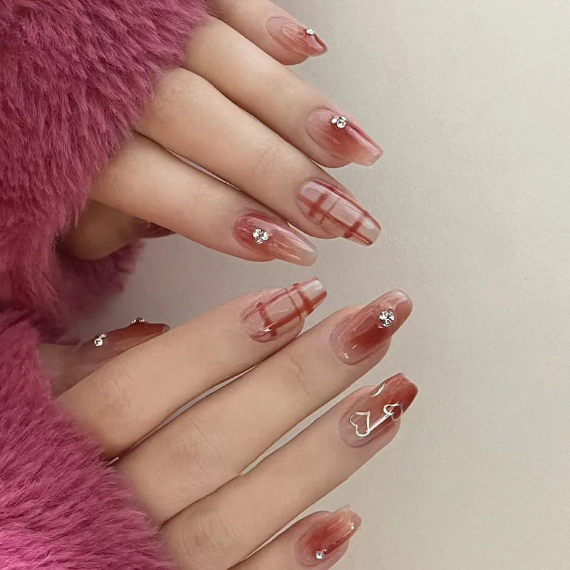 Ruby Plaid Heart rhinestone press-on nails