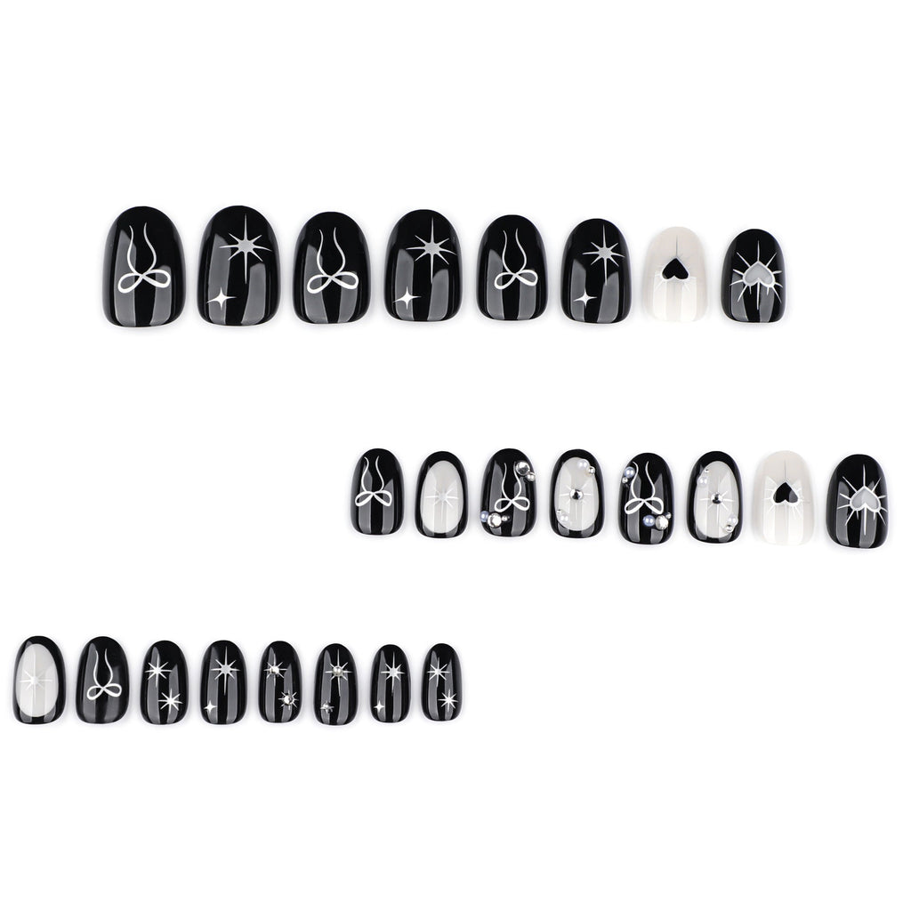 Pearl Bow Noir black and white heart press-on nails