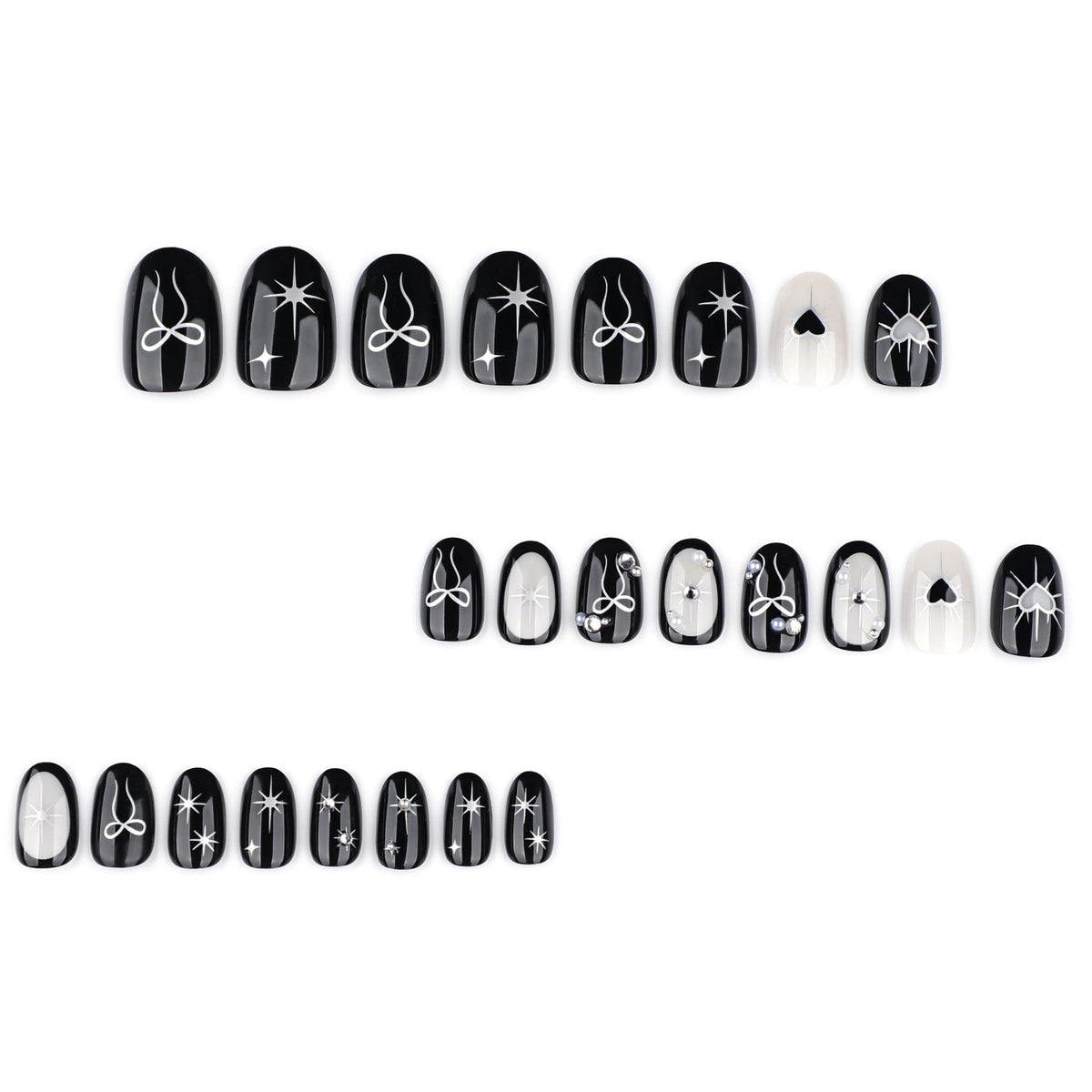 Pearl Bow Noir black and white heart press-on nails