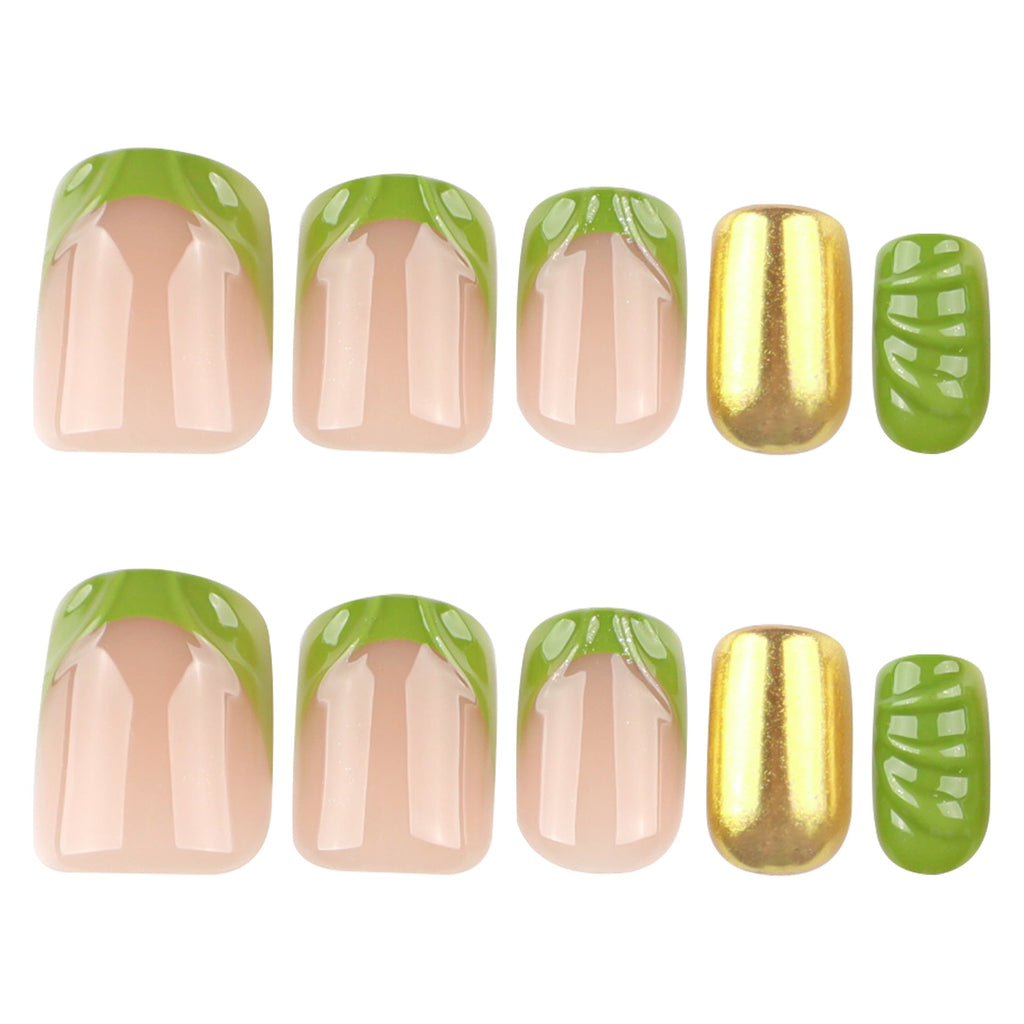 Green Gilded French 3D short square press-on nails