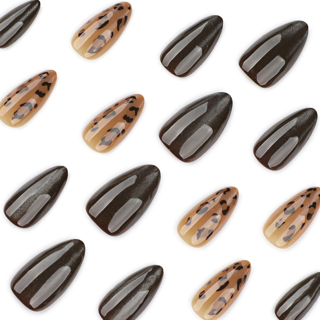 Mocha Fade Leopard glossy almond press-on nails