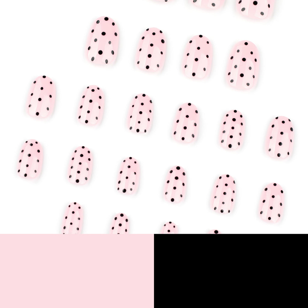 Black Dot Blush short round glossy press-on nails