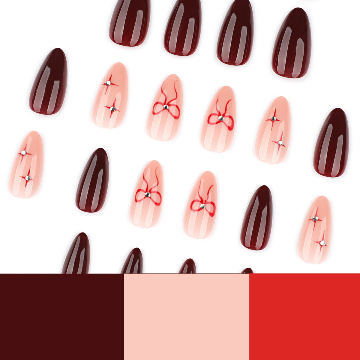 Burgundy Bow Oval press-on nails