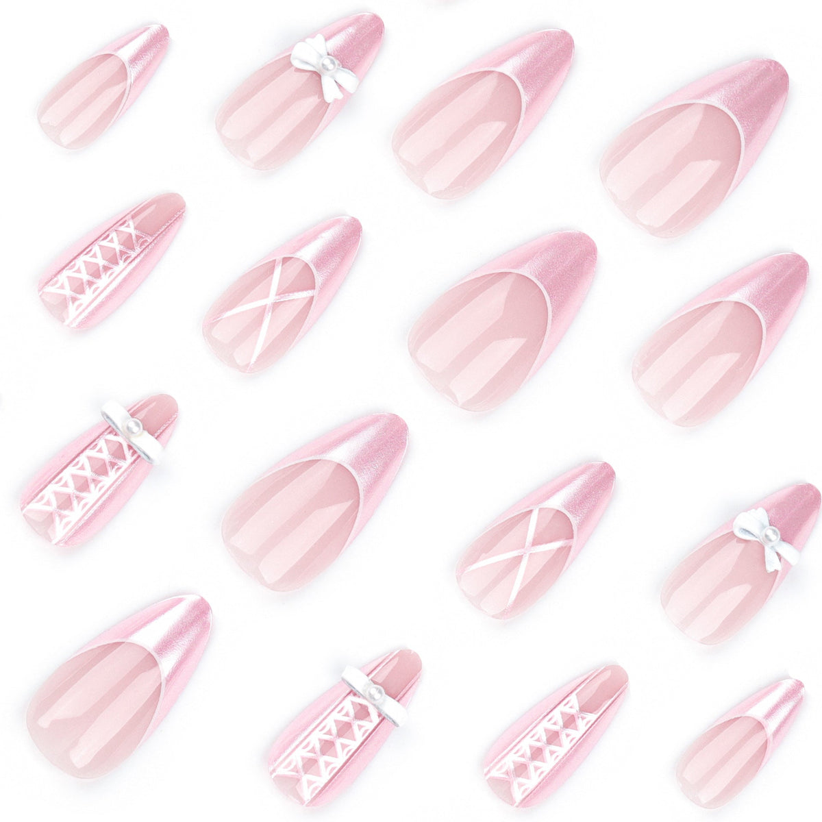 Pink Bow Pearl French almond press-on nails