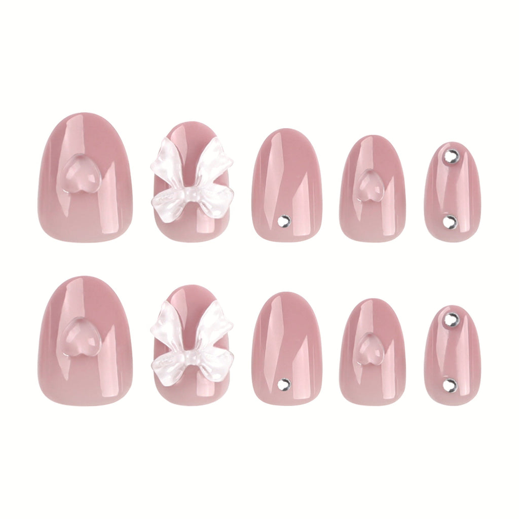 Blush Bow Heart pink press-on nails