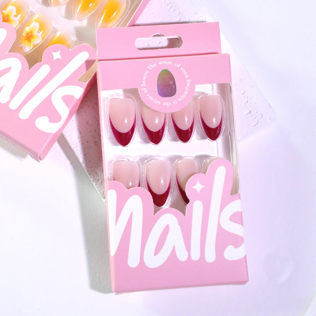 Burgundy Bloom French 3D short almond press-on nails