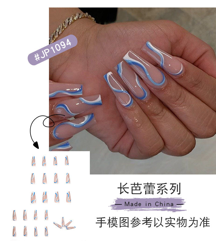 Blue Wave Crystal French long ballet press-on nails