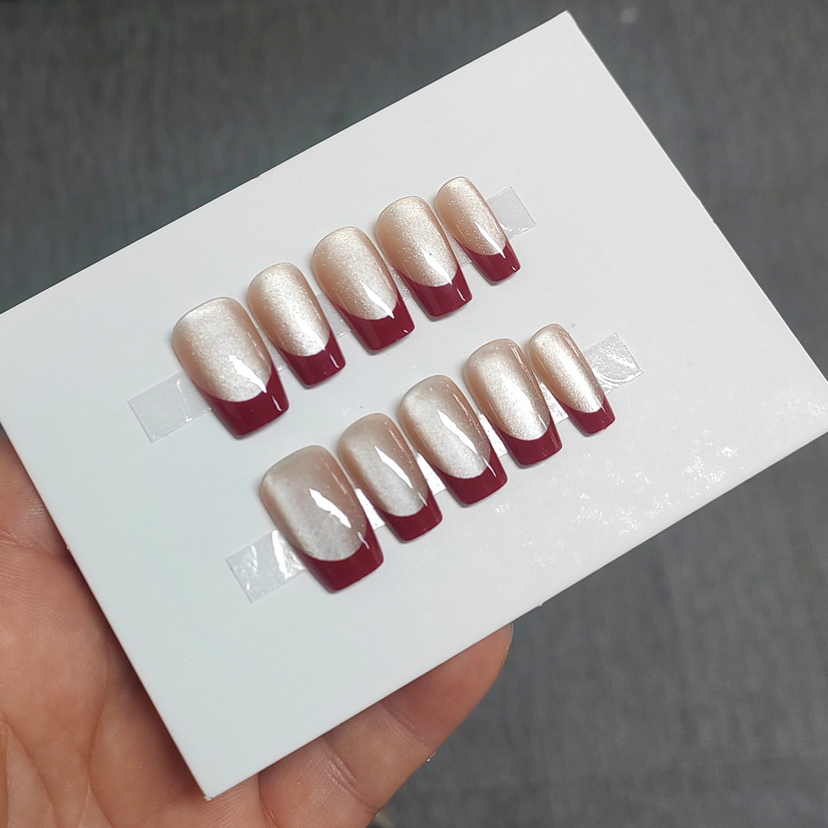Ruby Cat Eye French medium almond 30-piece press-on nail set