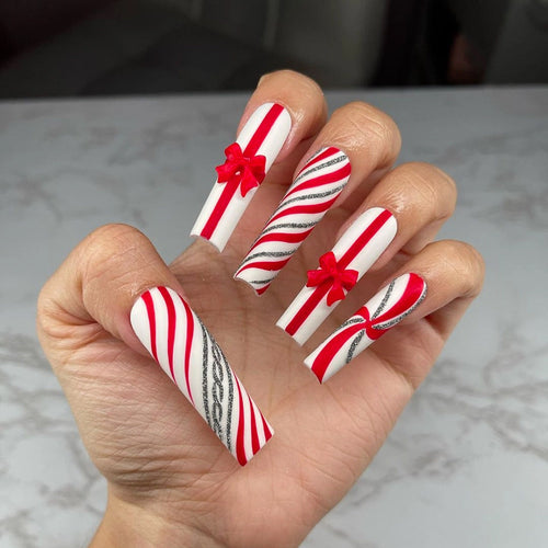 Candy Cane Bow extra long holiday press-on nails