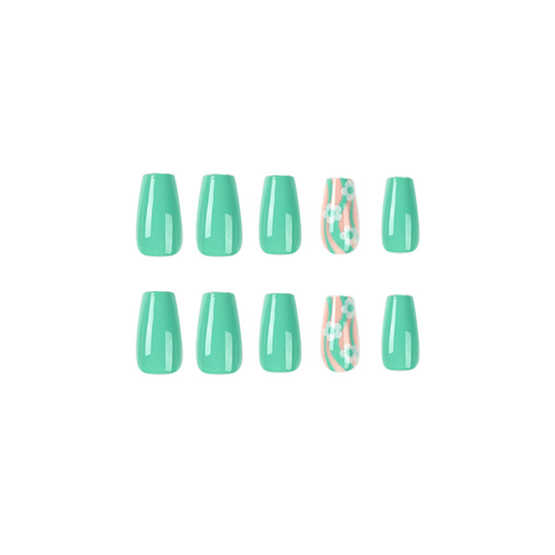 Green Garden Wave short floral press-on nails