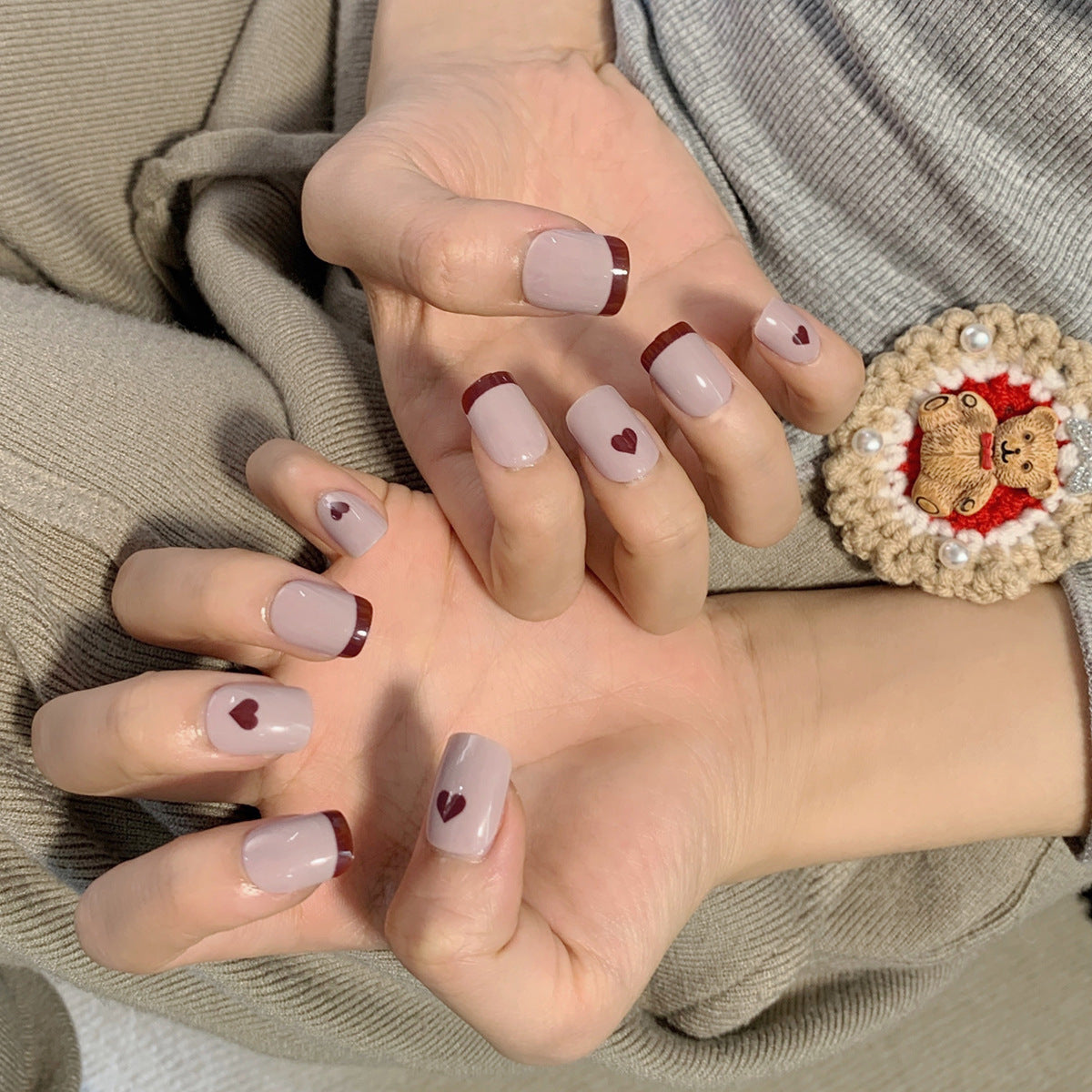 Mocha Heart French medium press-on nails
