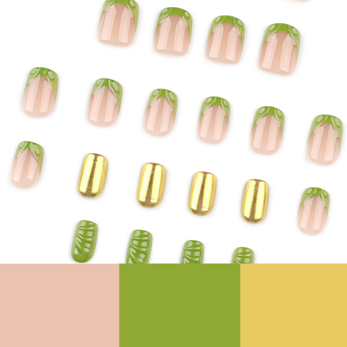 Green Gilded French 3D short square press-on nails