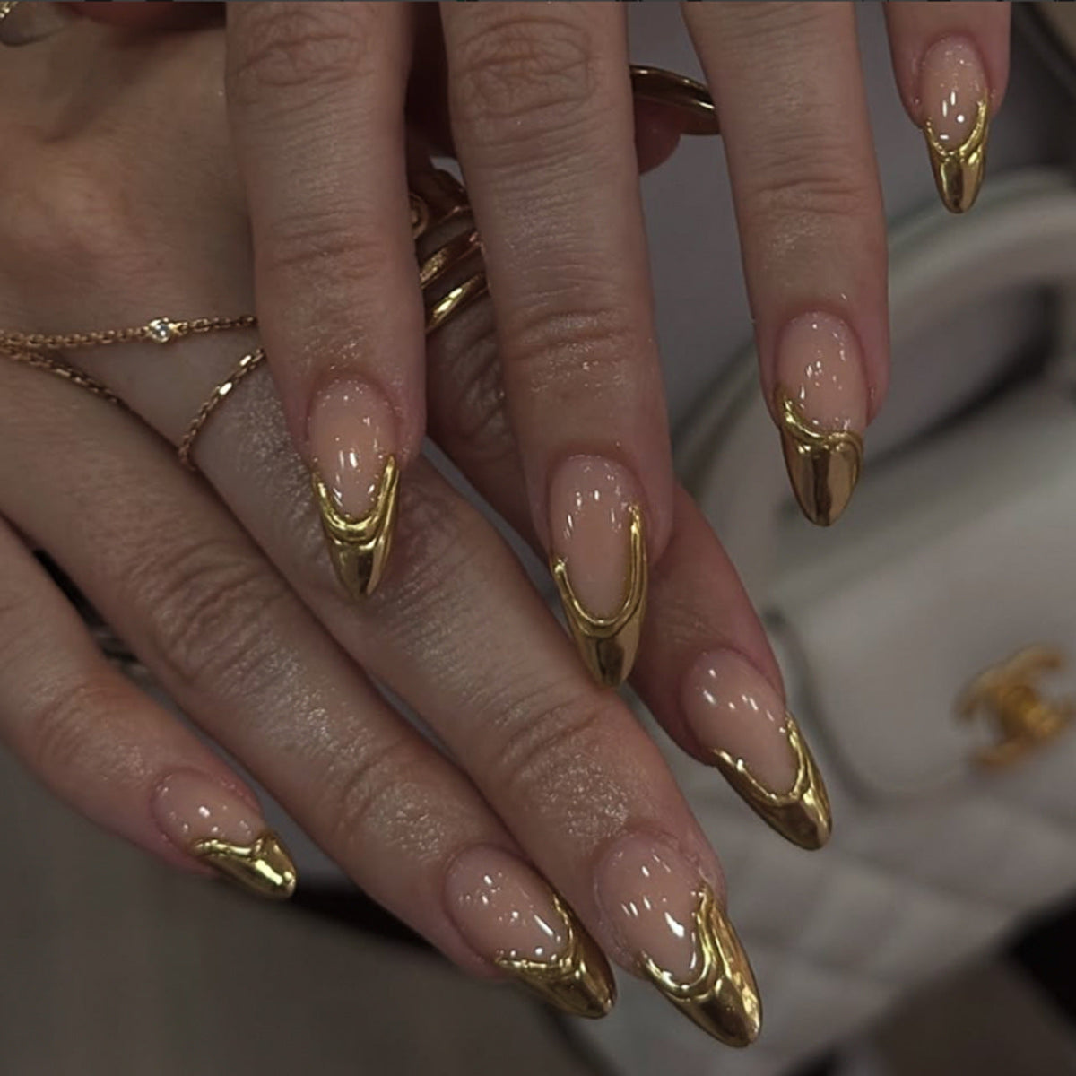 Gilded French Almond 3D press-on nails