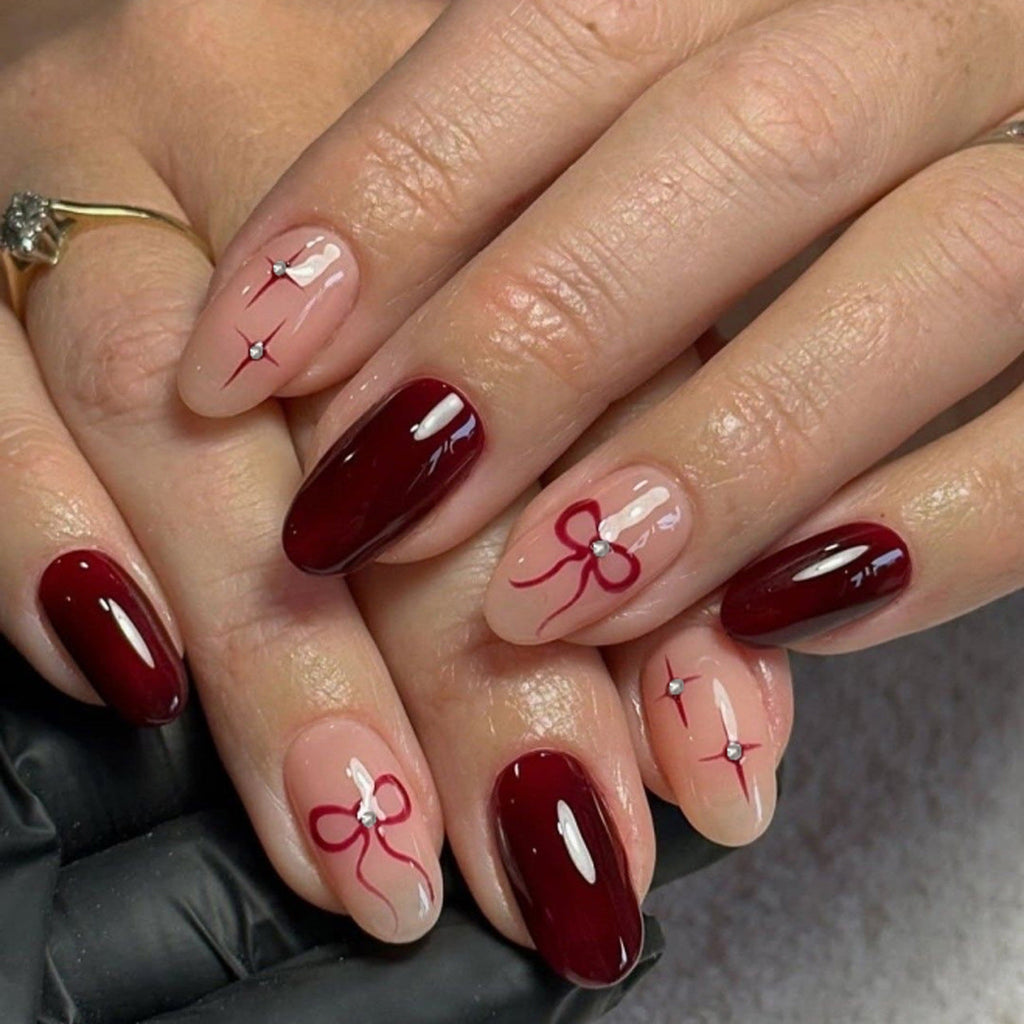 Burgundy Bow Oval press-on nails