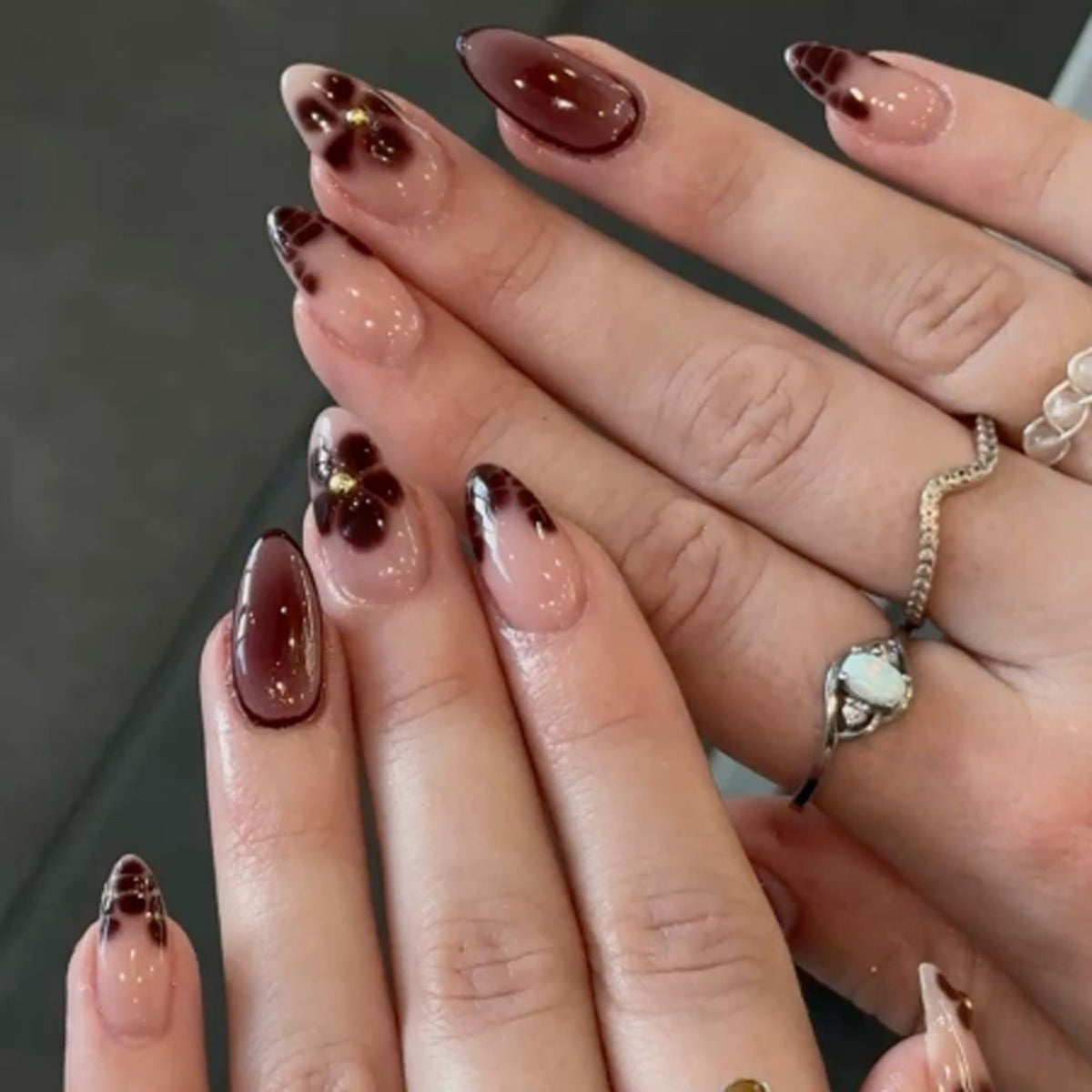 Cocoa Bloom Art brown floral press-on nails