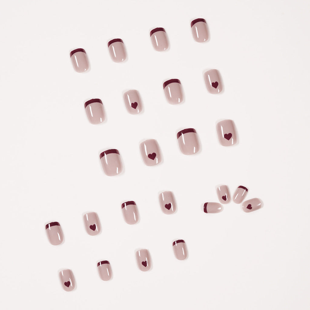 Mocha Heart French medium press-on nails