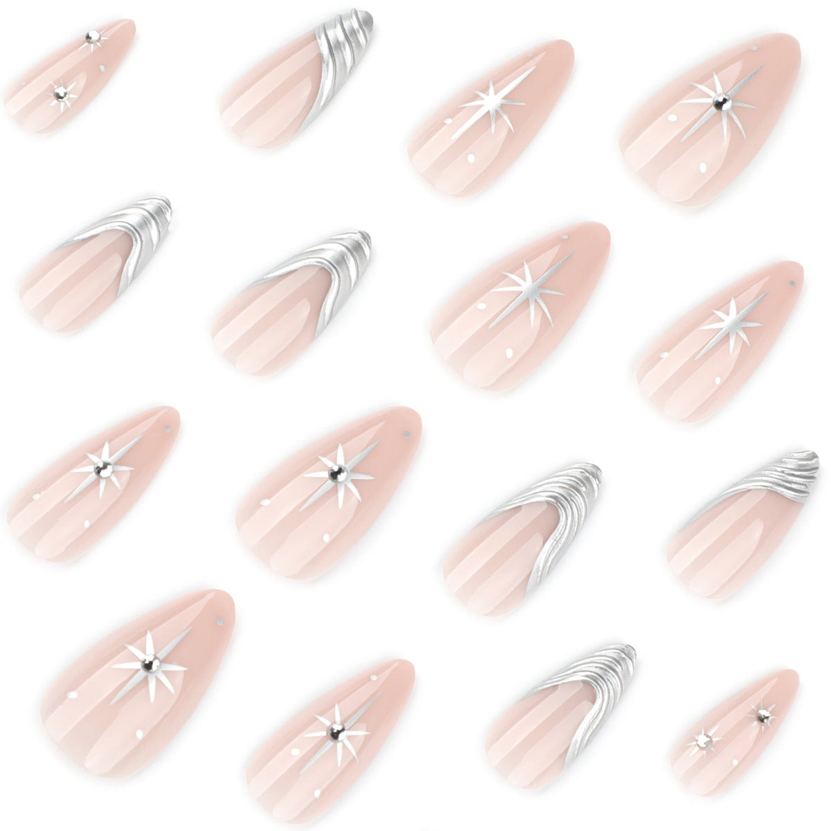 Silver Edge French pink short almond press-on nails
