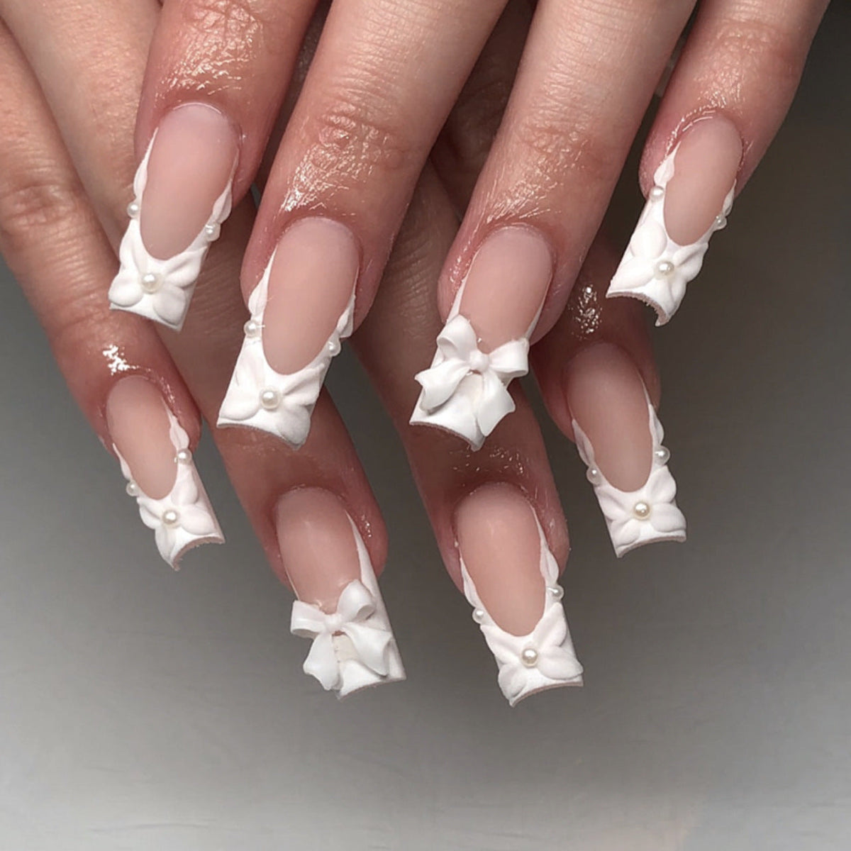 White 3D Blossom French square press-on nails