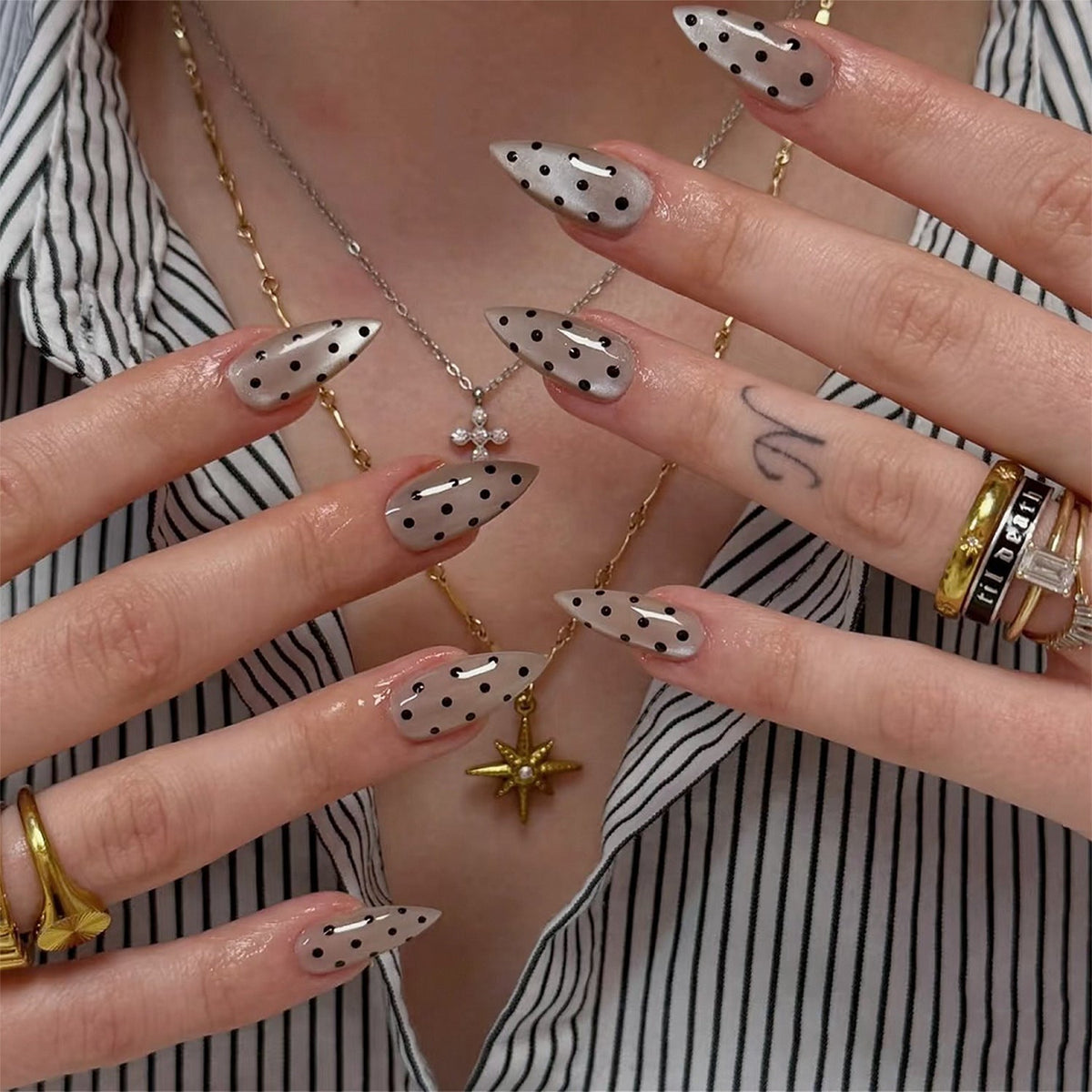 Sheer Nude Dot almond press-on nails