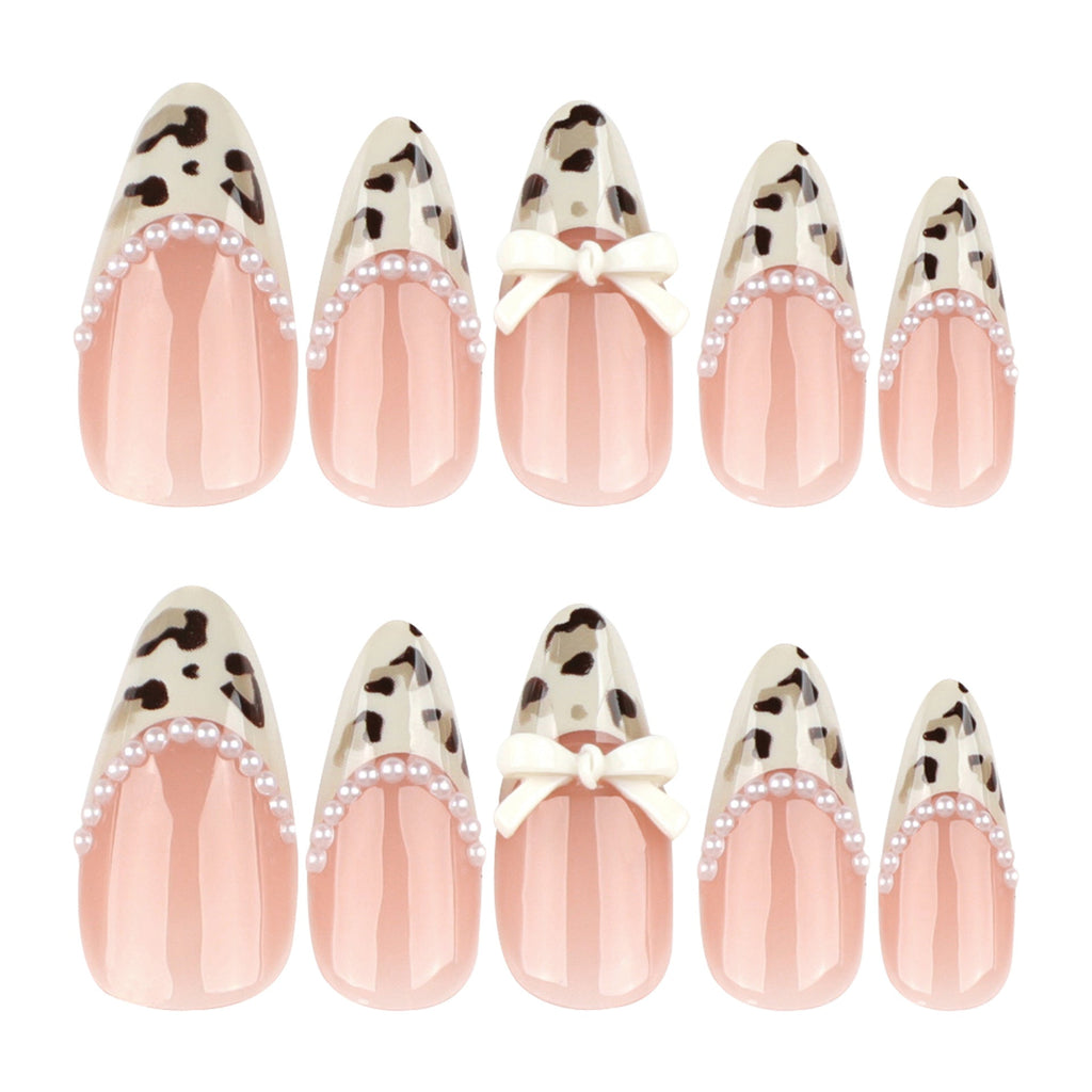 Pearl Bow Leopard French short almond press-on nails