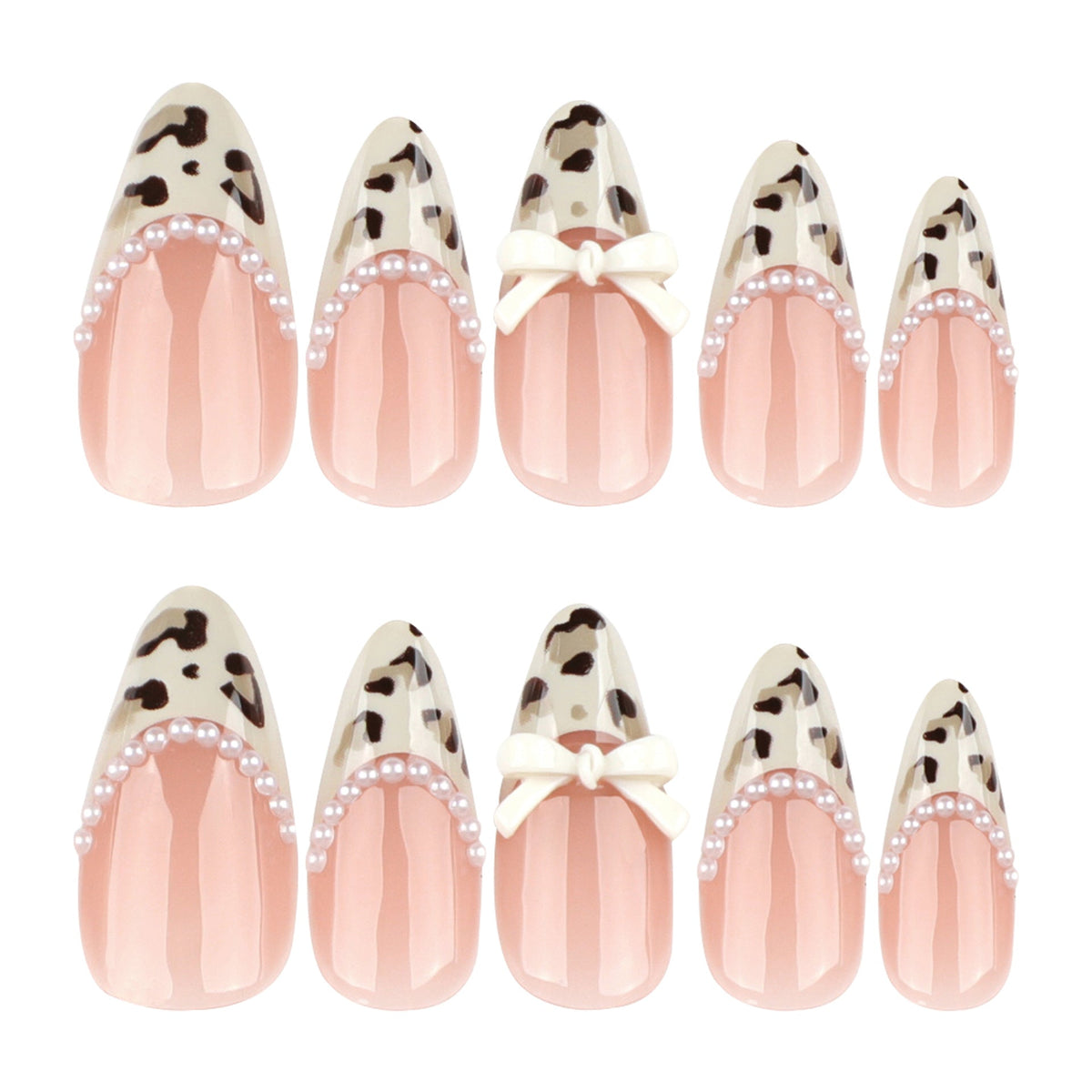 Pearl Bow Leopard French short almond press-on nails
