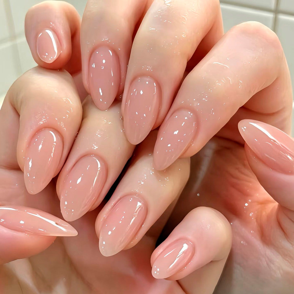 Natural Nude Almond glossy press-on nails