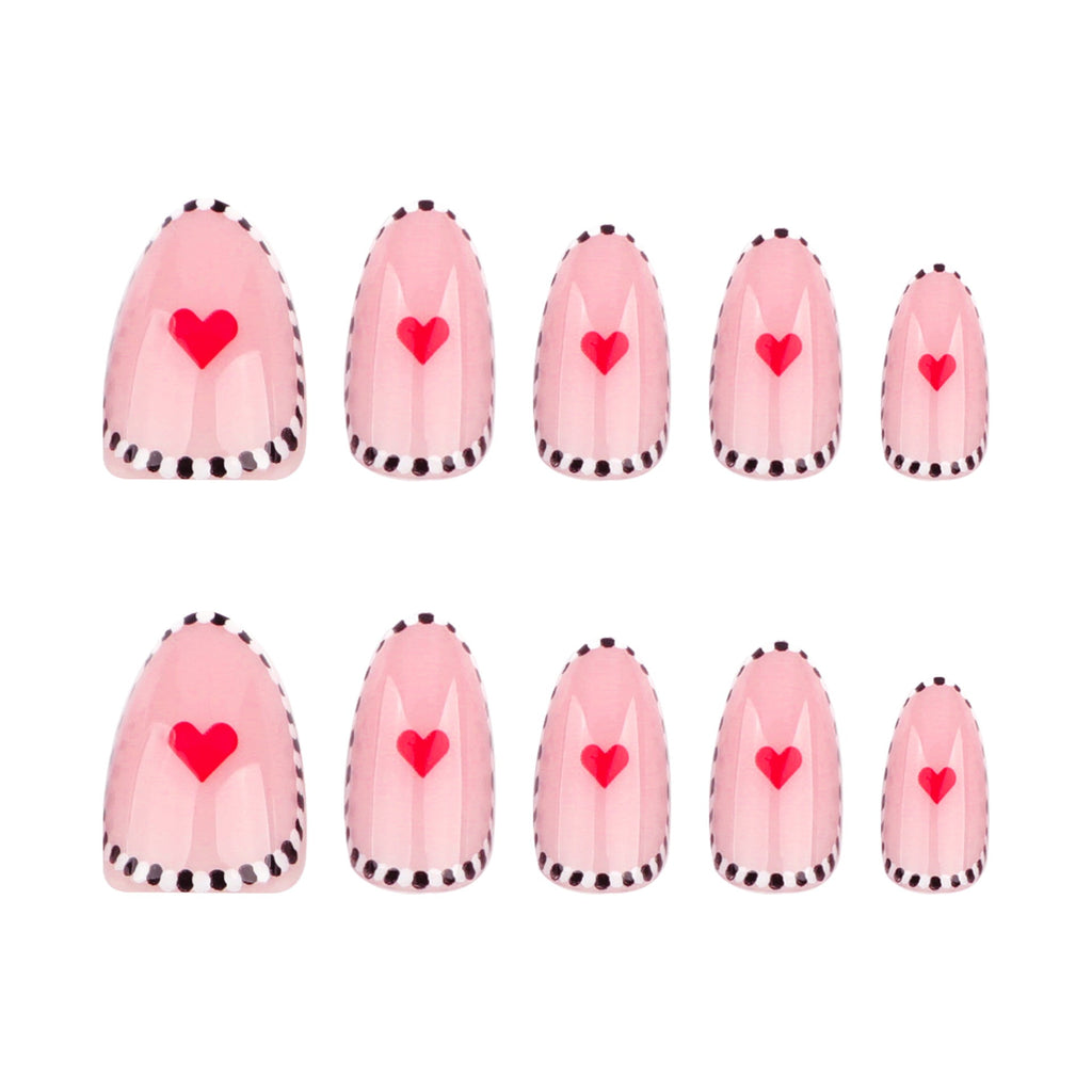 Monochrome Heart Stripe short almond press-on nails