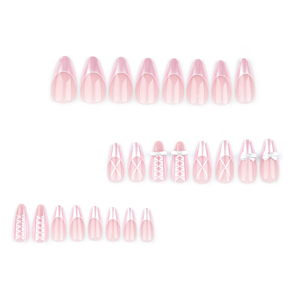 Pink Bow Pearl French almond press-on nails