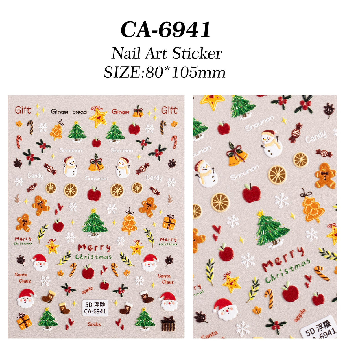 Holiday 5D Santa and elk nail stickers