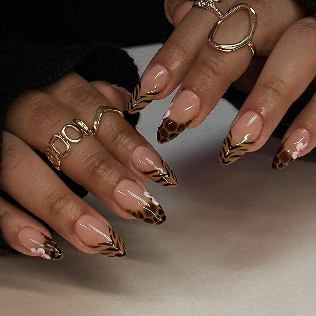 Leopard Blossom French short press-on nails