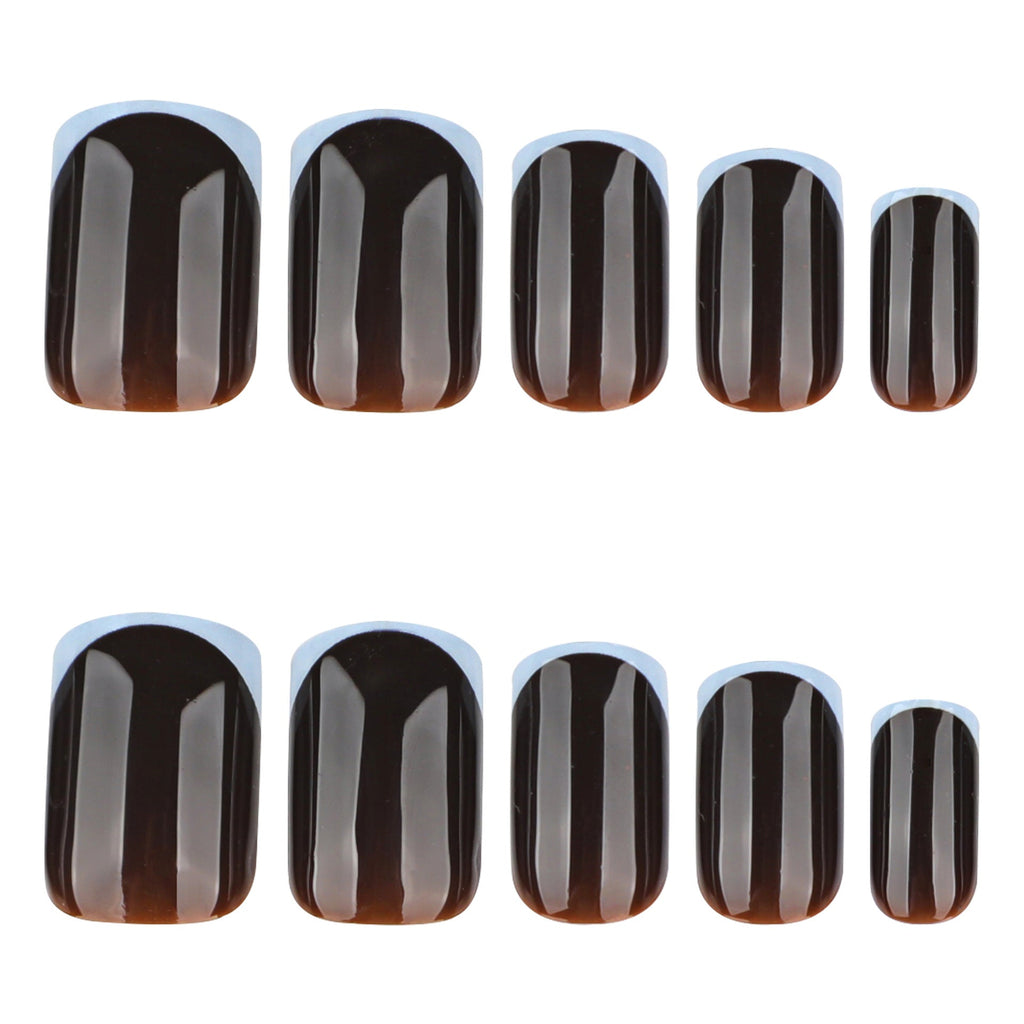 Mocha Blue French short square glossy press-on nails
