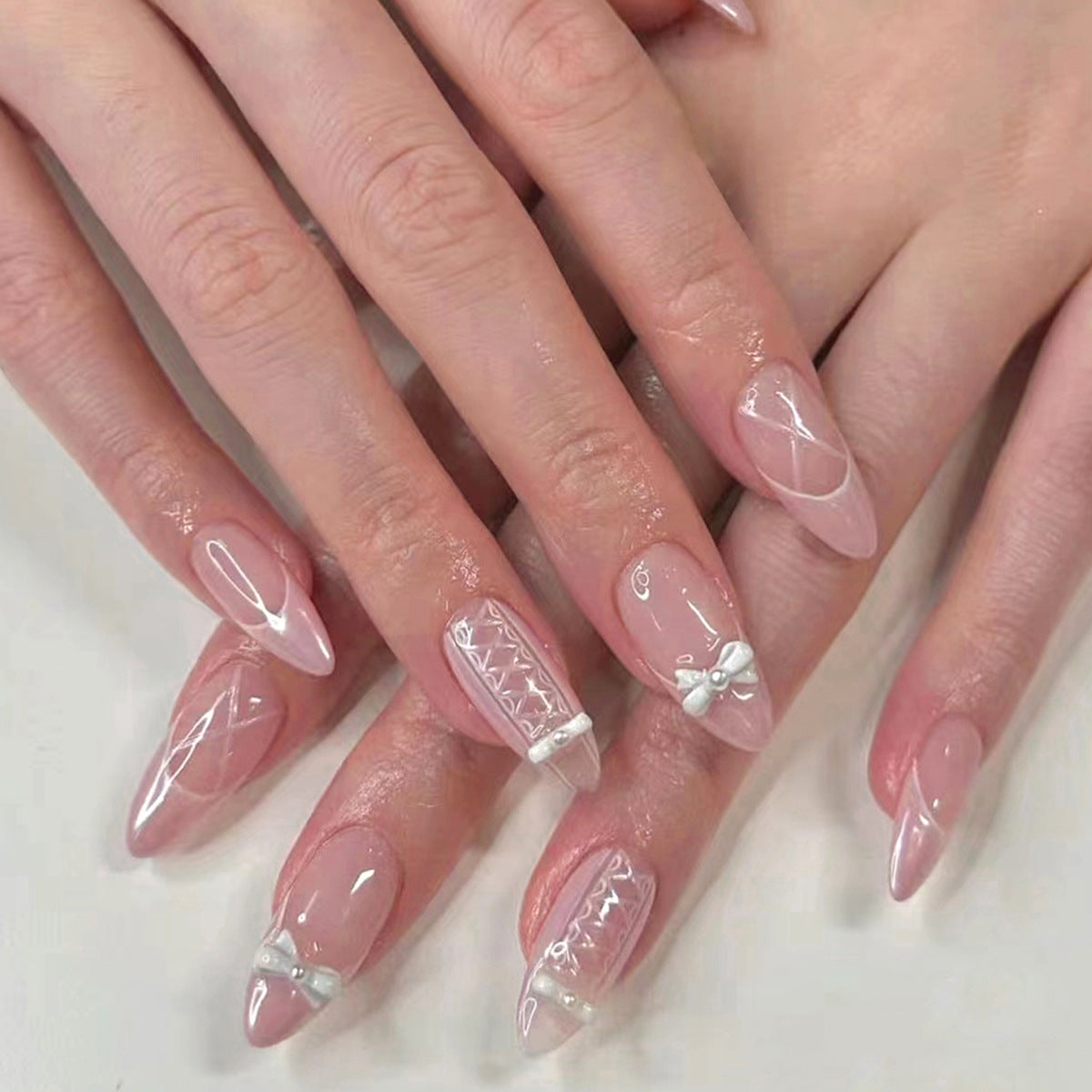Pink Bow Pearl French almond press-on nails