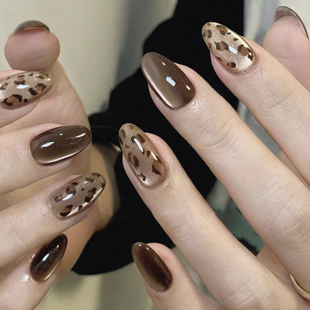 Mocha Fade Leopard glossy almond press-on nails