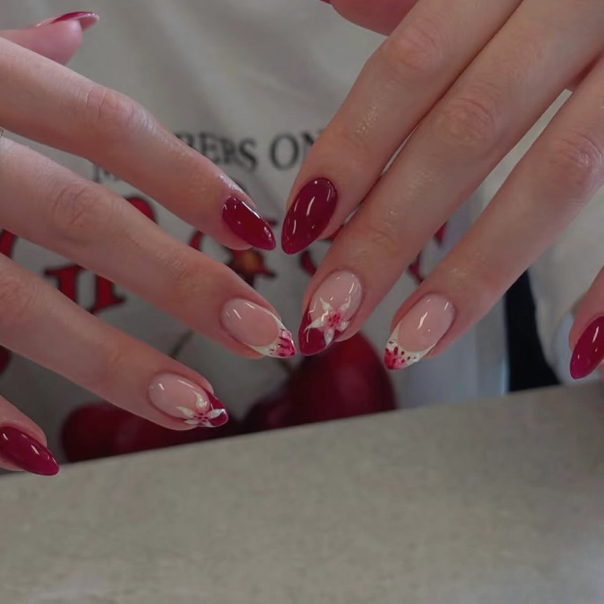 Burgundy Bloom French 3D short almond press-on nails