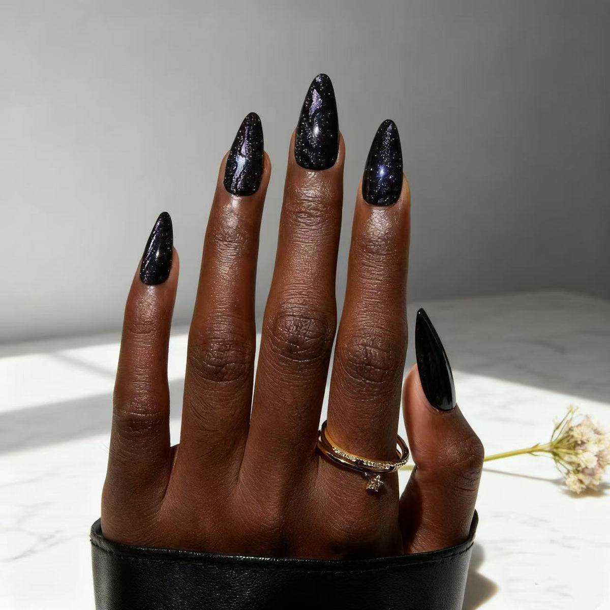 Iridescent Noir shimmer stiletto press-on nails