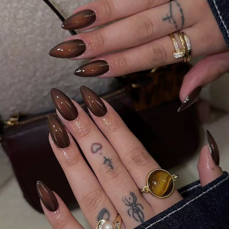 Espresso Veil brown and black smoky almond press-on nails