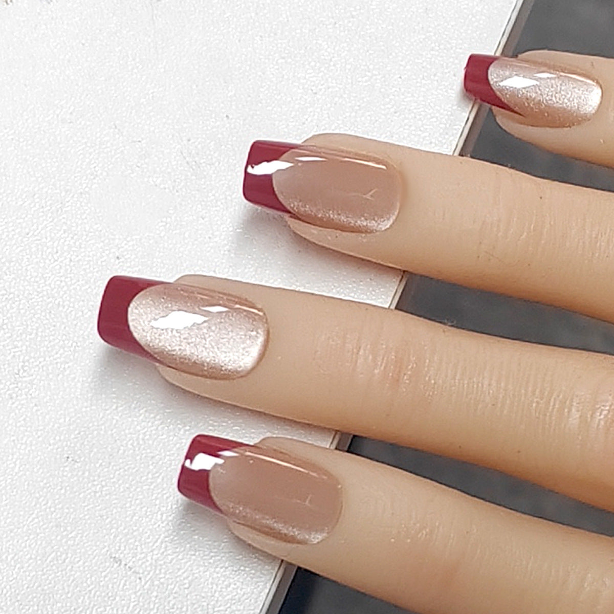 Ruby Cat Eye French medium almond 30-piece press-on nail set