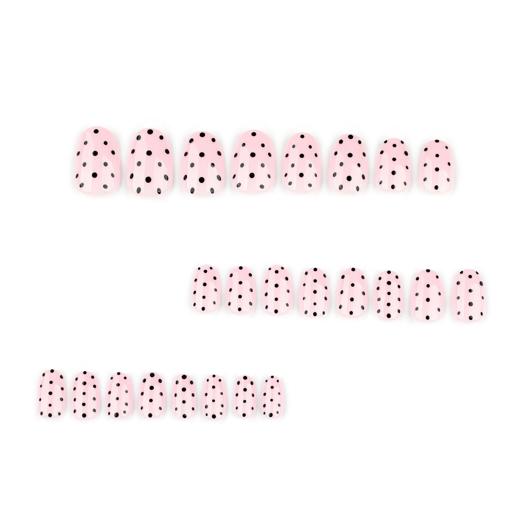 Black Dot Blush short round glossy press-on nails