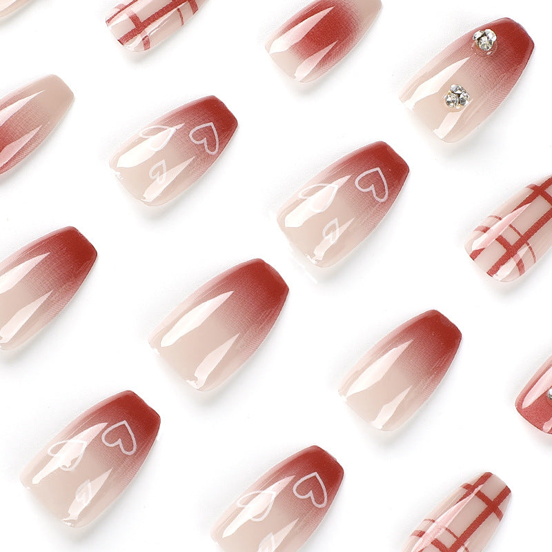 Ruby Plaid Heart rhinestone press-on nails