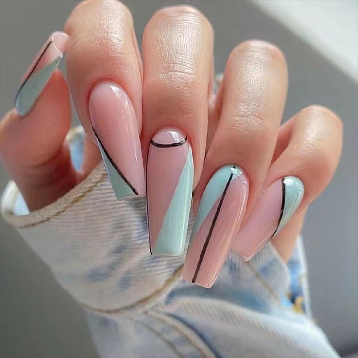 Blue Wave Crystal French long ballet press-on nails