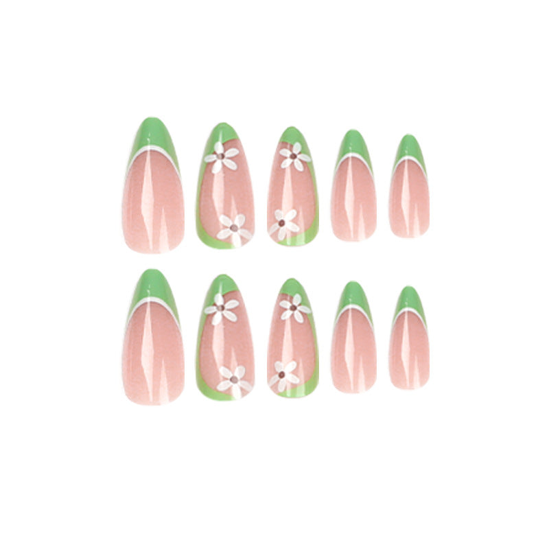 Green Blossom French extra short floral press-on nails