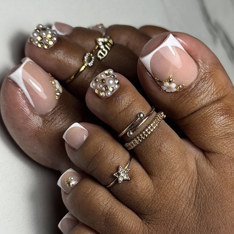 Nude Gold Rhinestone press-on toenails