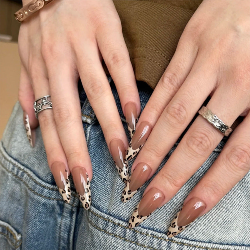 Leopard French Almond press-on nails