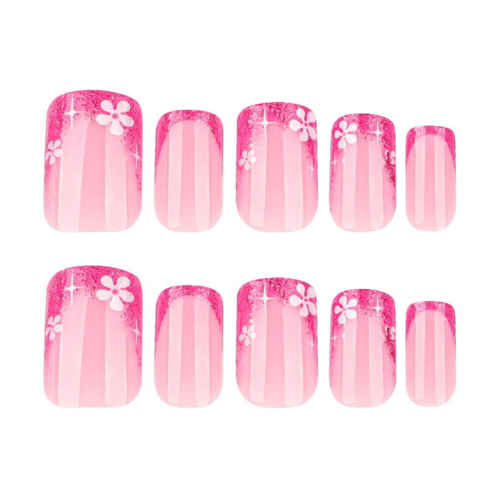 Rose Glitter French short square press-on nails
