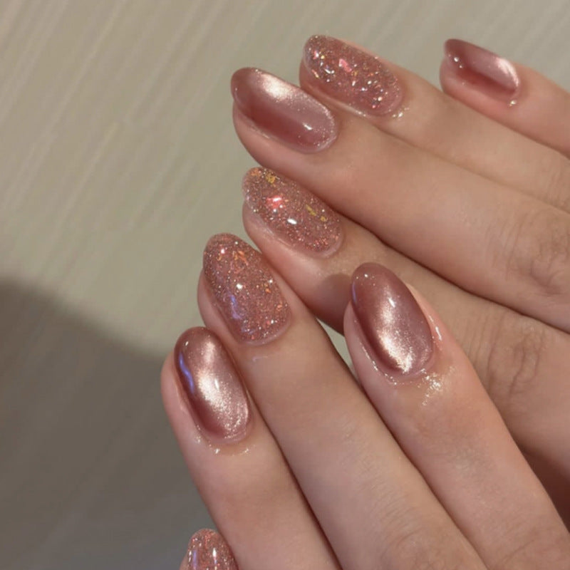 Blush Cat Eye Sparkle short round press-on nails