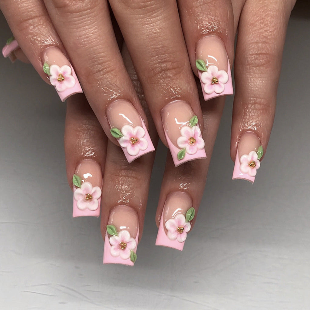 Pink 3D Blossom French long square press-on nails