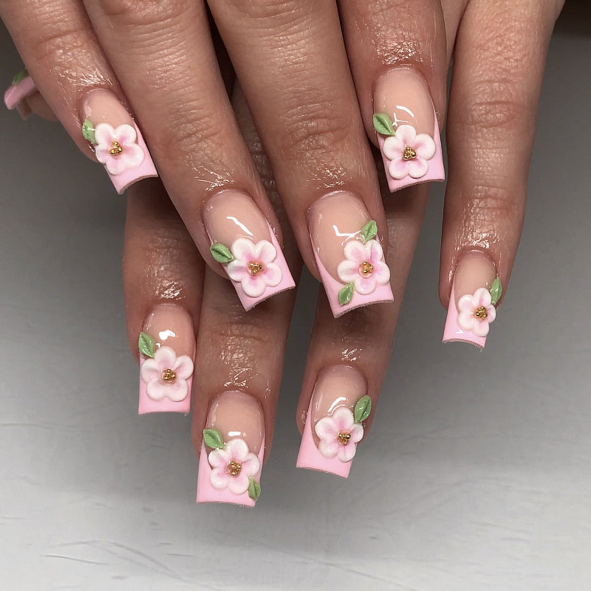Pink 3D Blossom French long square press-on nails