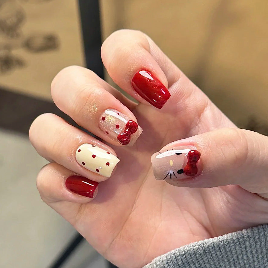 Autumn Cat Charm 3D rhinestone press-on nails