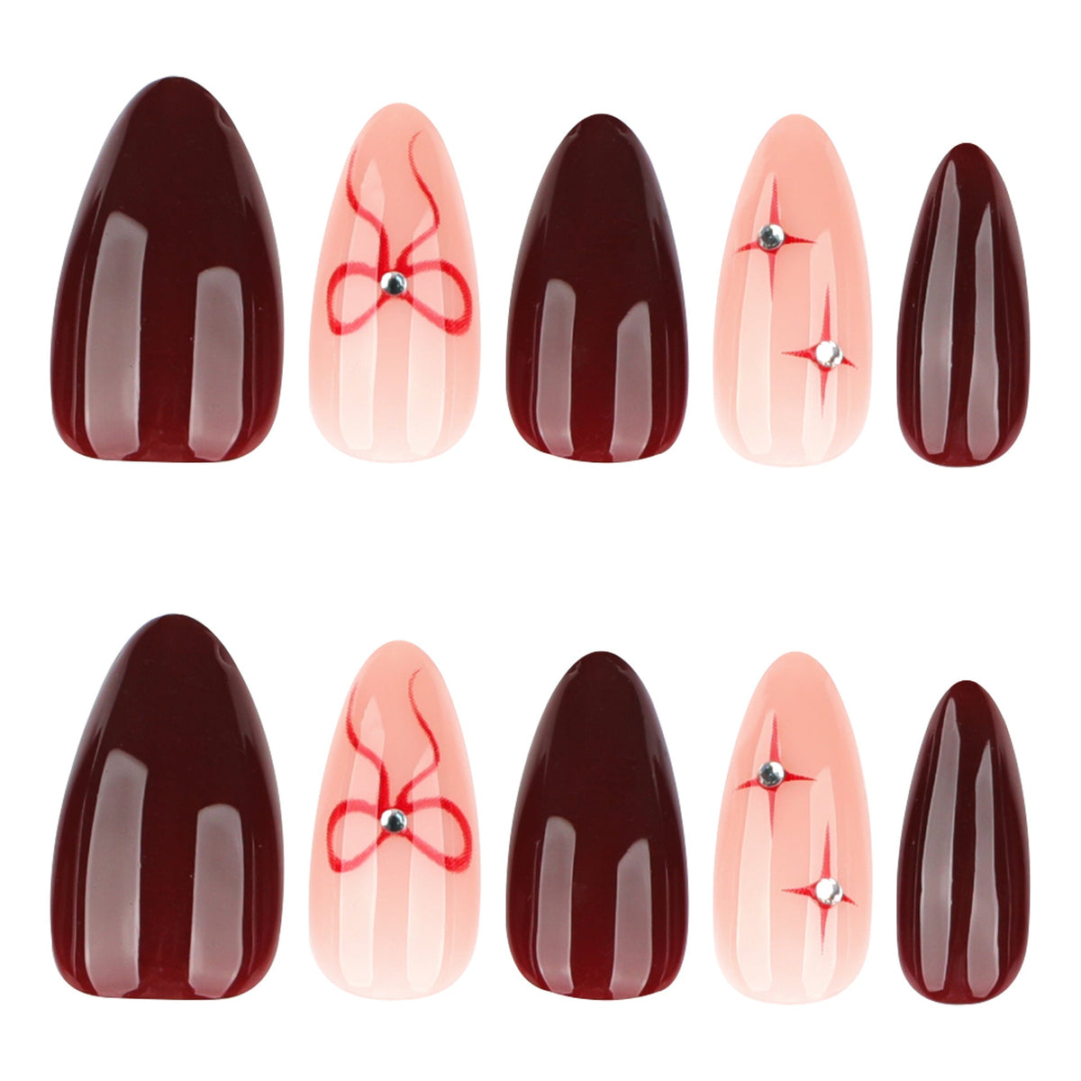 Burgundy Bow Oval press-on nails