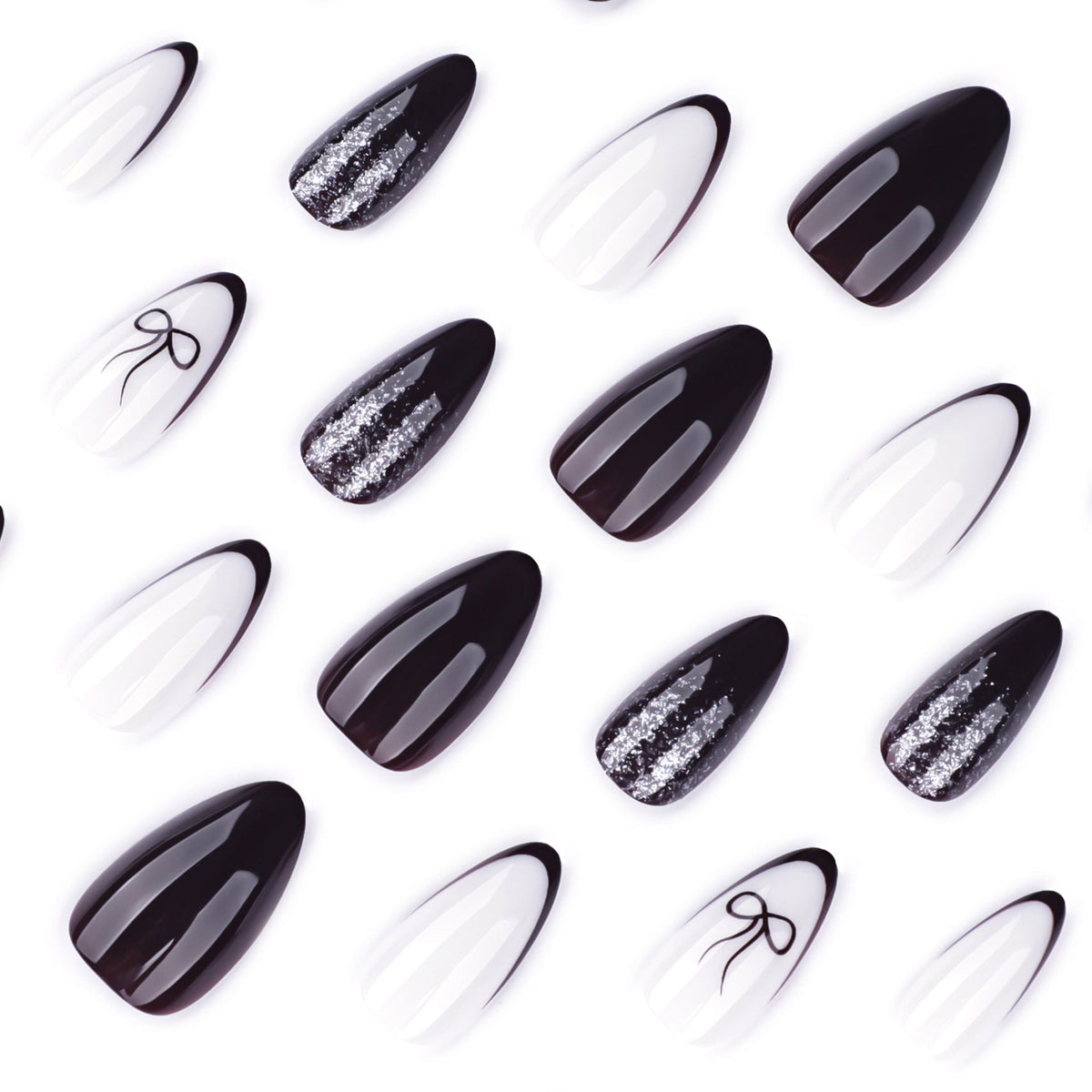 Black and White Bow Accent glossy press-on nails